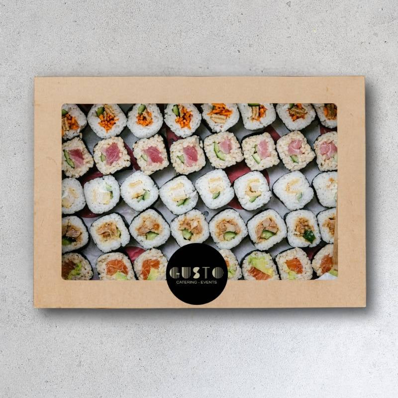 Box of assorted sushi with a visible brand logo on a grey background packages for catering serves in Sydney