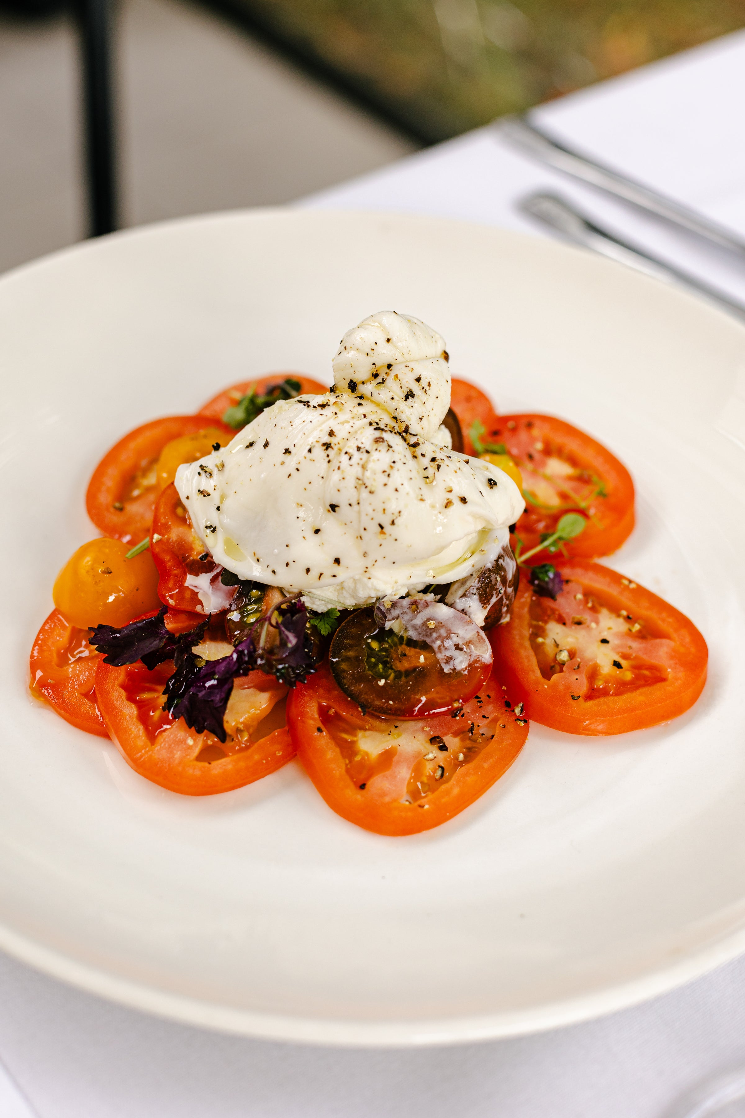 Plated dish with sliced tomatoes and a poached egg on a white plate.