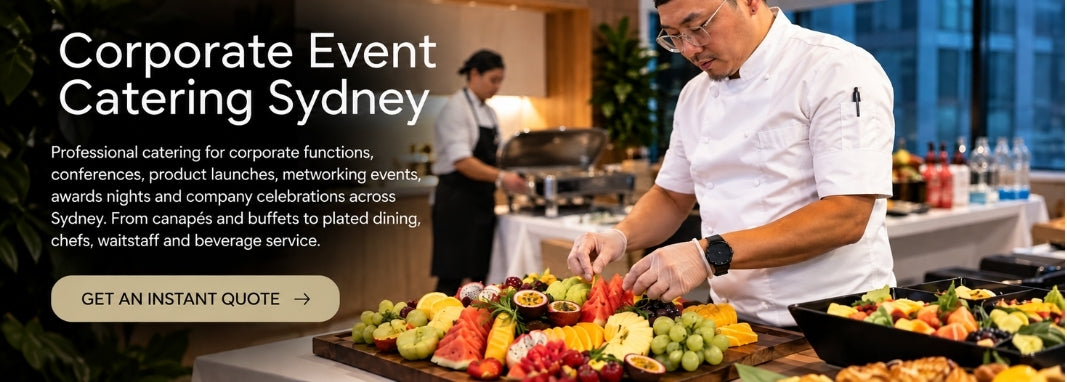 Promotional banner for Gusto Catering Sydney, featuring a professional chef preparing food on a buffet table with an array of fresh fruits, cheeses, and platters in a well-lit event space. Text on the left advertises corporate event catering services.