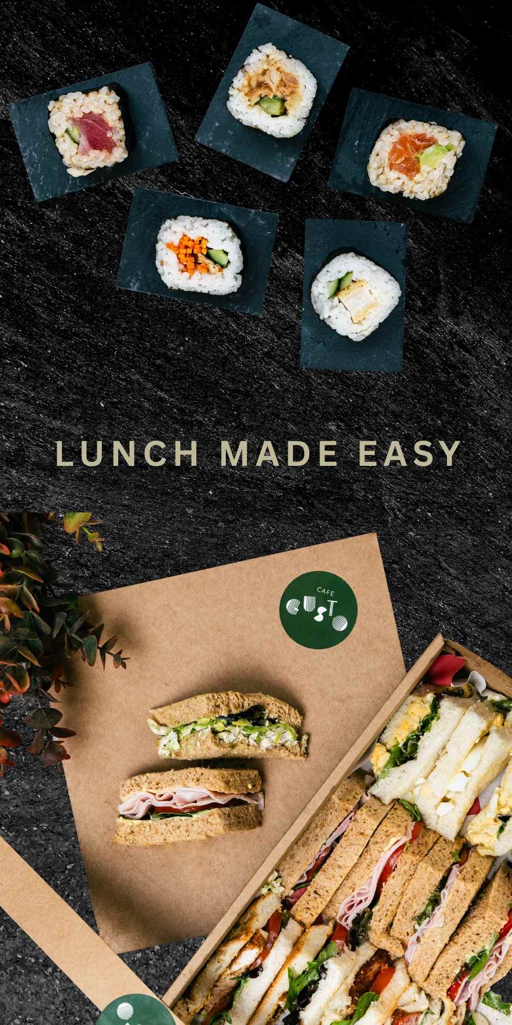 Lunch made easy with sandwiches and a branded box on a dark background