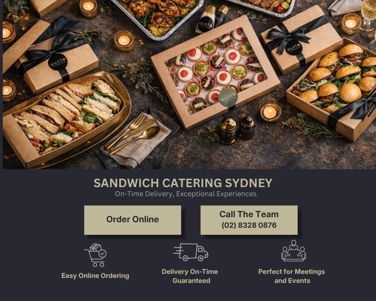 Sandwich catering Sydney with various sandwiches in boxes on a dark surface, featuring contact information and service highlights.