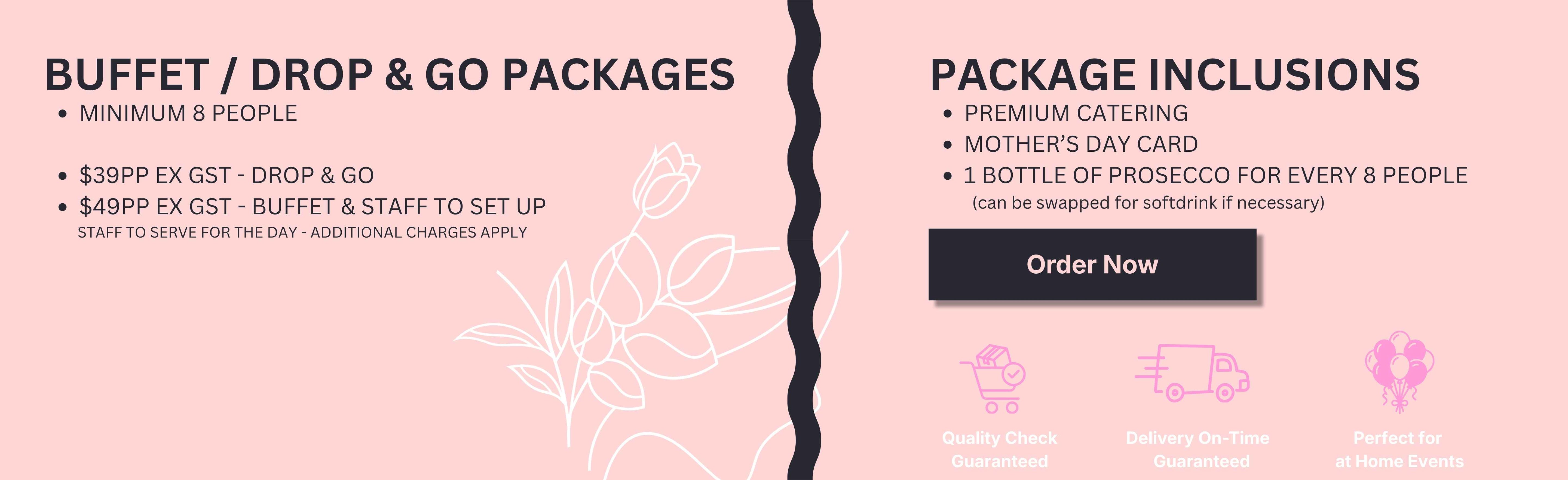 Promotional banner for buffet, drop, and go packages with package details and an 'Order Now' button.