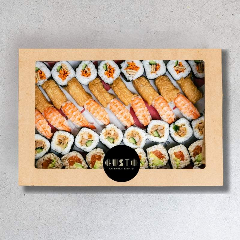 Box of assorted sushi with 'Gusto' label on a gray background