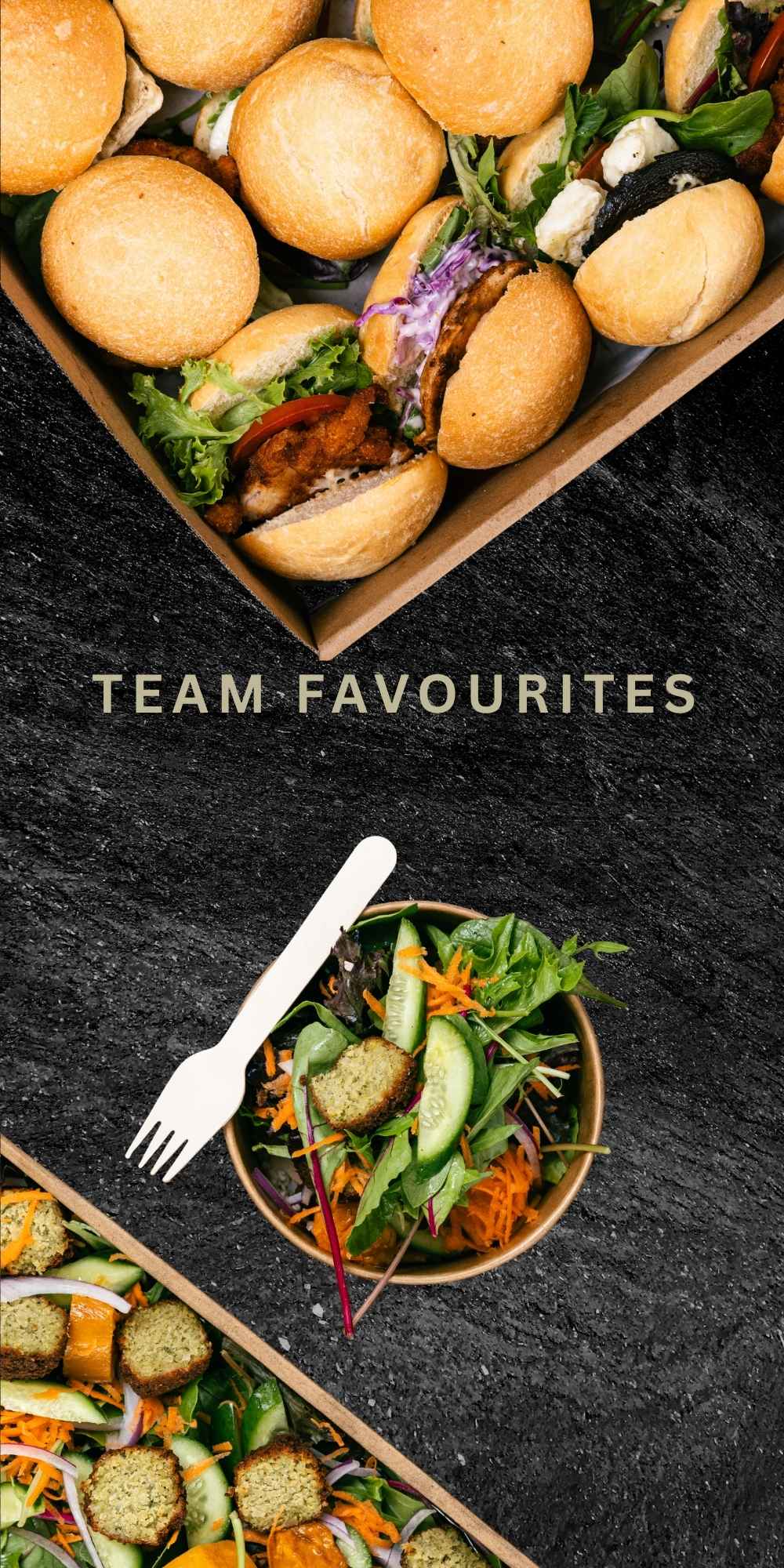 Top view of a wooden platter with burgers and a bowl of salad on a dark surface, featuring the text 'Team Favourites'.