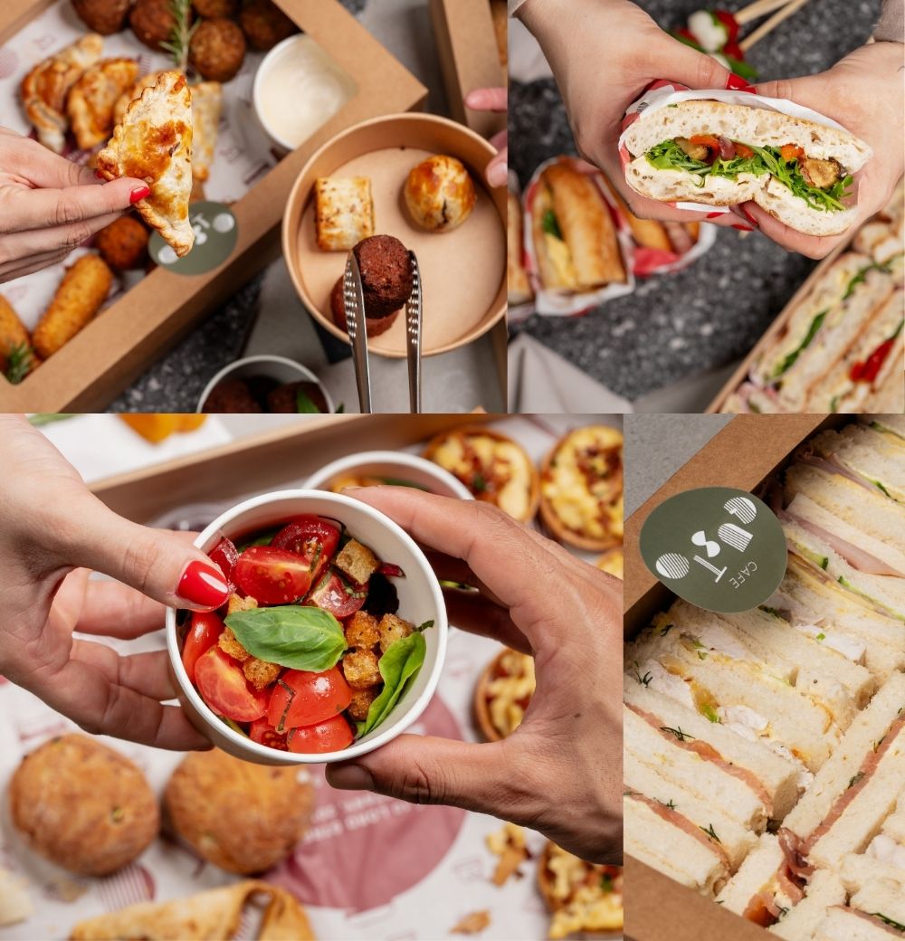 Collage of various food items including sandwiches, salad, and pastries with a person holding a small bowl of salad.